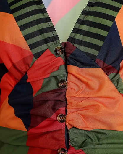 Vestido de estilo urbano para mujer, novedad de verano 2024, informal, con escote en V, estampado geométrico, mangas farol, falda larga con botones