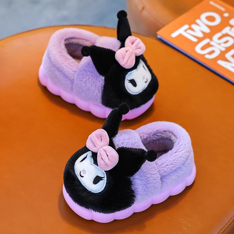 Winter Cute Cartoon Cover Heel Children's Fluffy Slippers Soft Non-slip Warm Flat Mule Boys Girls Teen Indoor Home Cotton Shoes