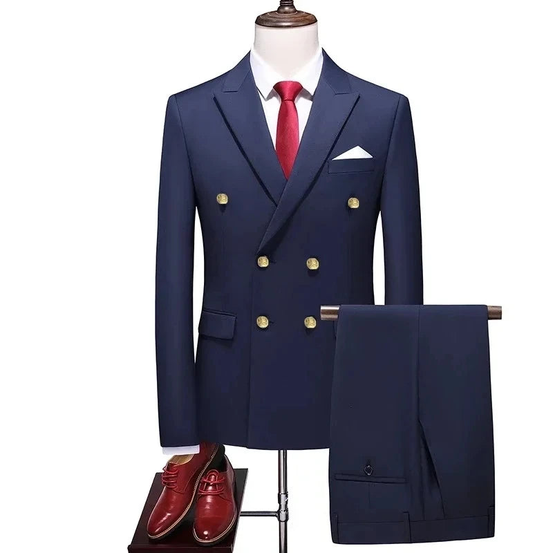2023 Fashion New Men's Casual Boutique Double-Breasted Solid Color Suit 2 Piece Set Dress Blazers Jacket Pants Trousers Two Pcs