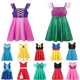 Vestido Casual Infantil para Meninas – Estilo Sereia/Rapunzel, Manga Curta, Alça em um Ombro Só, Fantasia de Princesa, Vestido Casual de Verão
