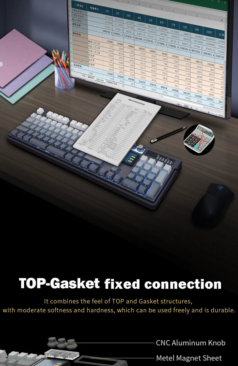 Teclado mecánico inalámbrico SKYLOONG GK104 Pro de tamaño completo con 3 modos, pantalla 2.0, 3 perillas, interruptor silencioso intercambiable en caliente, teclas PBT