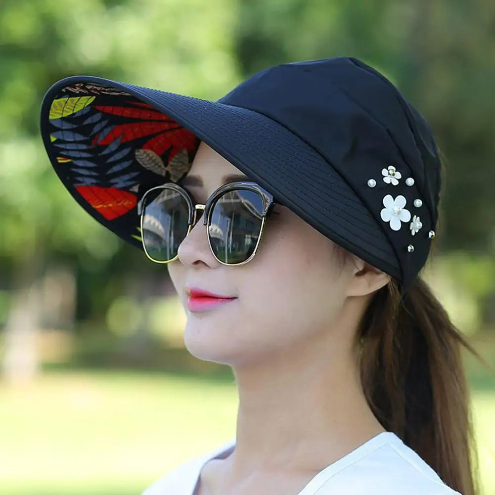 Fashion Women's Ladies Summer Vacation Wide Brim Foldable Sun Hat Anti-UV Beach Visor Caps Casual Hats