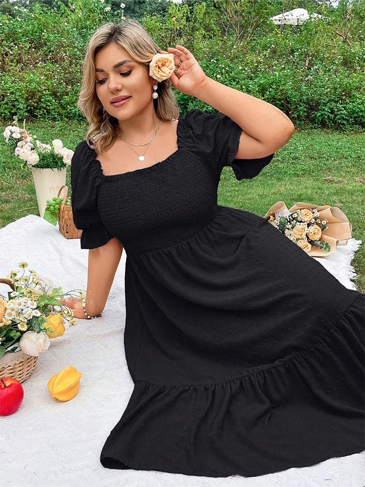 Plus Size Women's Pure Color Wrap Ruffle Hem Midi Dress Square Neck Backless Short Sleeve Dress Elegant temperament