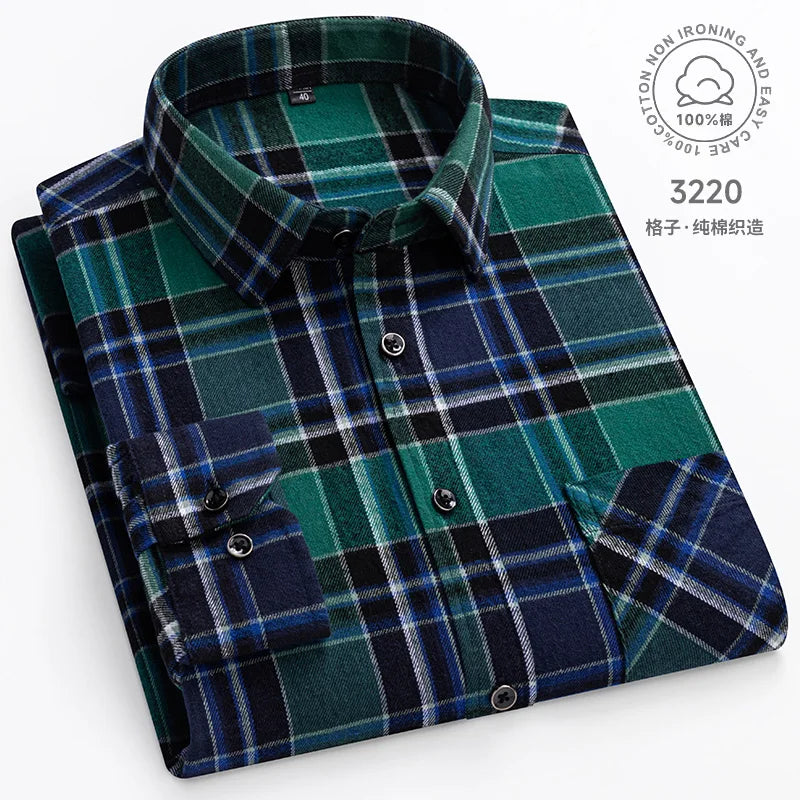 Men Fashion Long Sleeve Brushed Flannel Shirt Single Pocket Comfortable 100% Cotton Casual Slim Fit Button-down Plaid Shirts 8XL