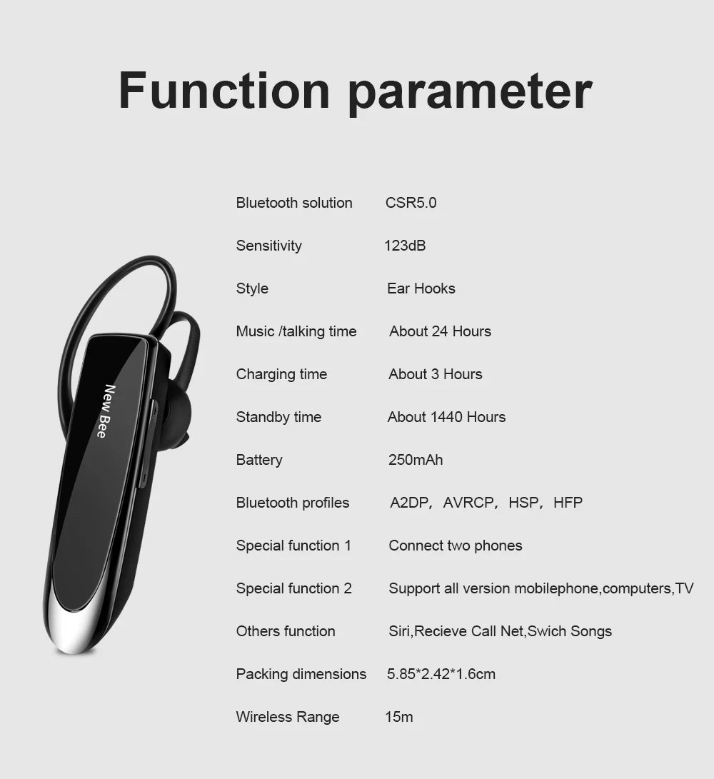 New Bee B41 Wireless Bluetooth 5.0 Earphones Hands-Free Mini Headset 22H Music Playtime Earpieces With CVC 6.0 Mic For iPhones