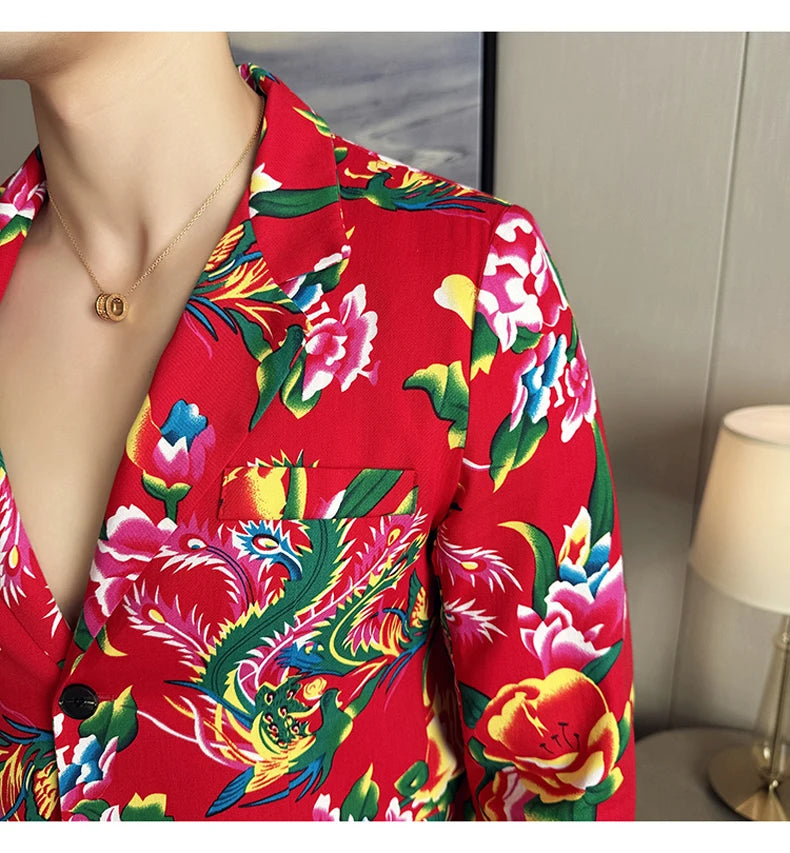Men Suit 2 Piece Fashion Party Mens Vintage Print Big flower in northeast China Suits Jacket Pants Men Sets