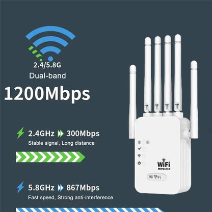 1200Mbps Wireless WiFi Repeater WIFI Extender WiFi Booster 2.4G/5G Network Amplifier 360° Full Coverage Signal For Small Office