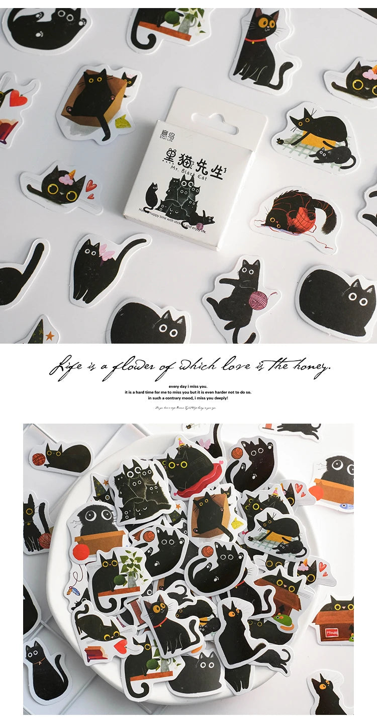 Mr. Paper 46pcs/Box Kawaii Black Cat Stickers Items Decoration DIY Handbook Stickers Boxed Cute Stickers Korean Stationery