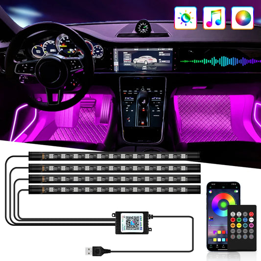 Luz ambiental para interior de coche, 36, 48 y 72 LED de neón, con control remoto inalámbrico por USB y aplicación de música, RGB automático, lámpara decorativa.