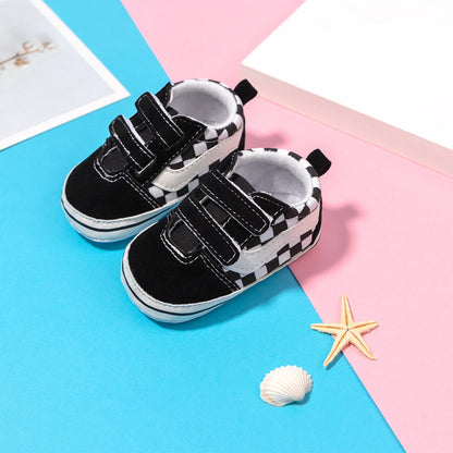 Zapatos Meckior para bebé niño y niña, zapatillas de lona con suela de goma antideslizante y diseño de rayas a cuadros, para primeros pasos, zapatos casuales unisex para bebé.