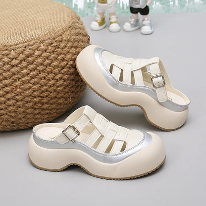 Slippers Casual Female Shoes Cover Toe Slides Loafers Platform Fretwork Heels Luxury 2024 Summer Female Shoes Loafers Slippers C