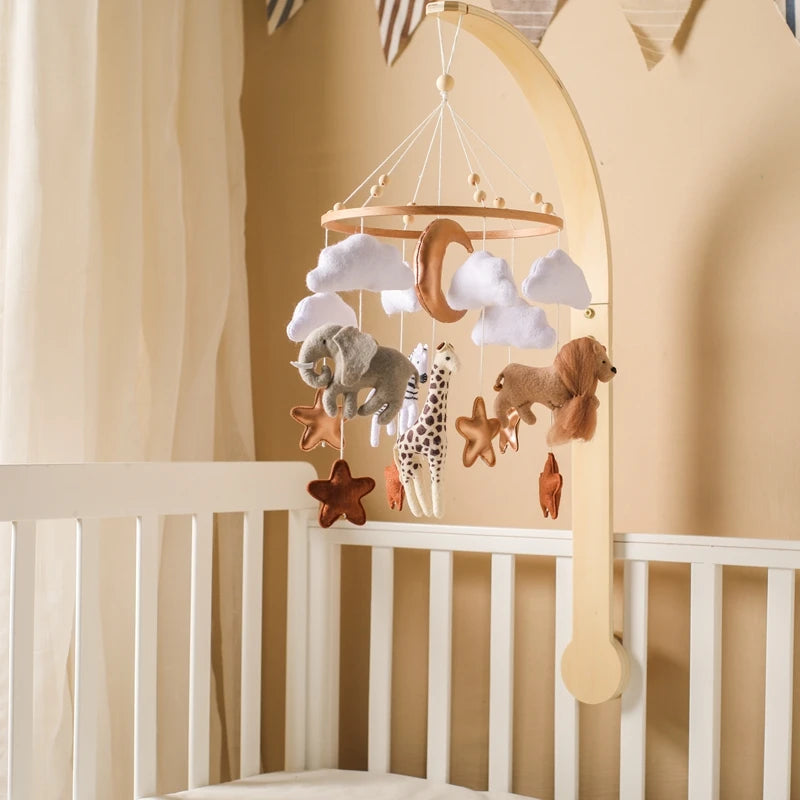 Crib Mobile Bed Bell Wooden Baby Rattles Soft Felt Cartoon Animal Bed Bell Newborn Music Box Hanging Toy Crib Bracket Baby Gifts