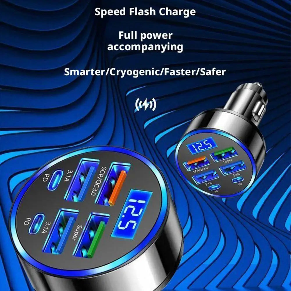300W PD Car Charger 6 Ports Fast Charging QC3.0 USB C Car Phone Charger Type C Adapter Dual PD Super Fast with Digital Display