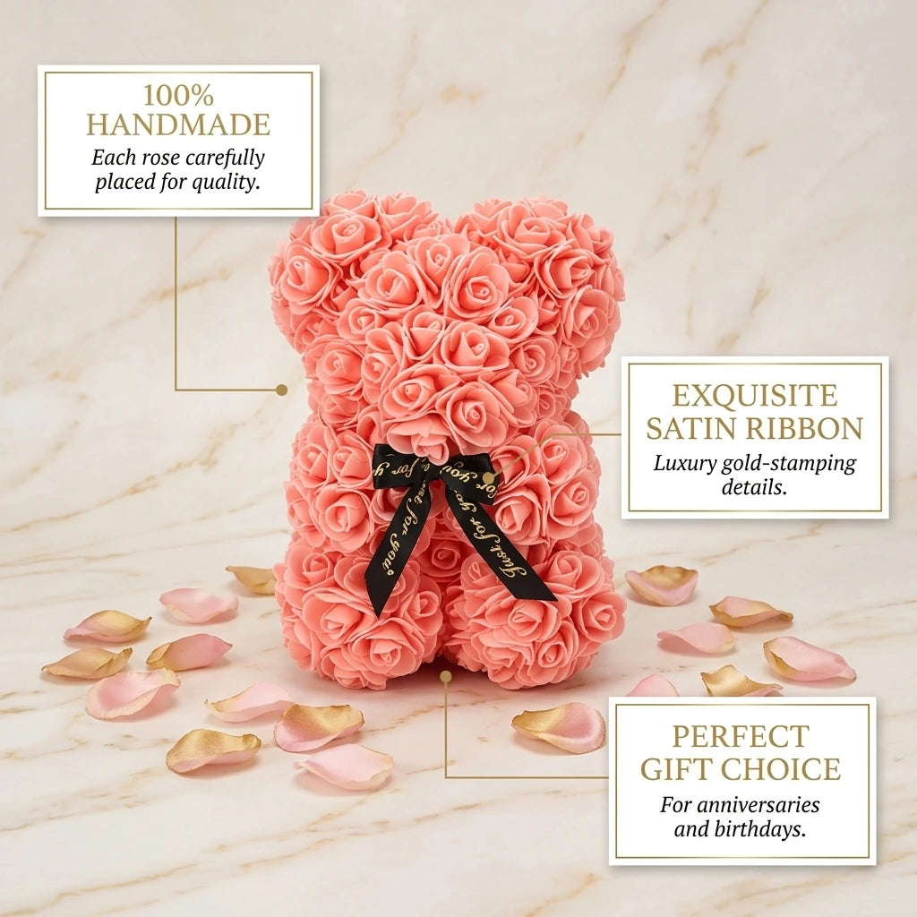 Urso de Pelúcia de Rosas Artificiais Eternas (Modelo 2026) – Presente e Decoração para Dia das Mães, Aniversários, Dia dos Namorados e Datas Especiais