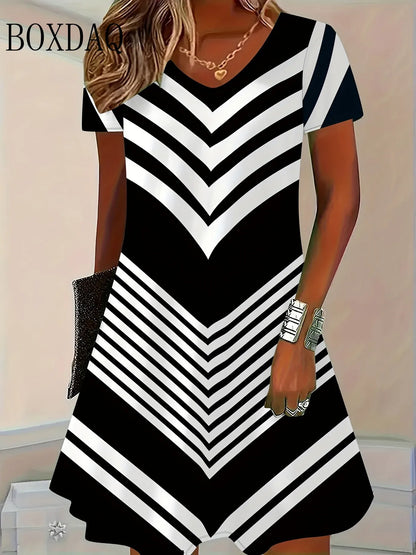 Striped Dresses Summer Elegant Women'S Clothing Fashion V-Neck Flower 3D Print Short Sleeve Dress 2025 New Plus Size Loose Dress