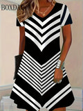Striped Dresses Summer Elegant Women'S Clothing Fashion V-Neck Flower 3D Print Short Sleeve Dress 2025 New Plus Size Loose Dress