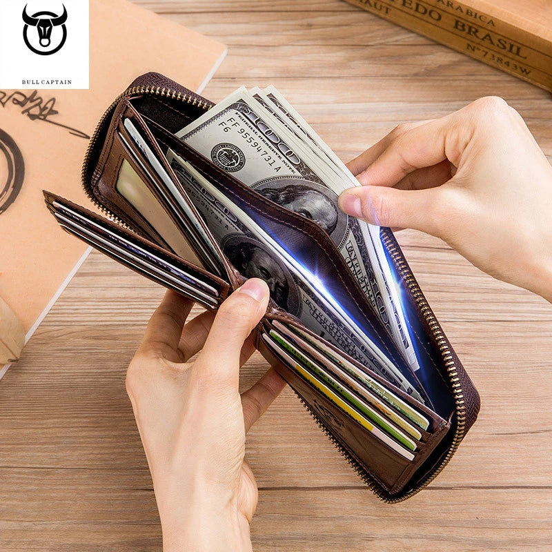 Bullcaptain Genuine Leather Men's Short Wallet Casual Men's Coin Purse Vintage Male Zipper Card Holder Luxury Money Bags JYB022