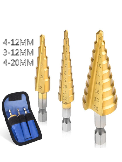 Brocas escalonadas de acero HSS con revestimiento de titanio de 3-12 mm, 4-12 mm y 4-20 mm, herramientas de corte cónicas escalonadas para acero, madera y metal.