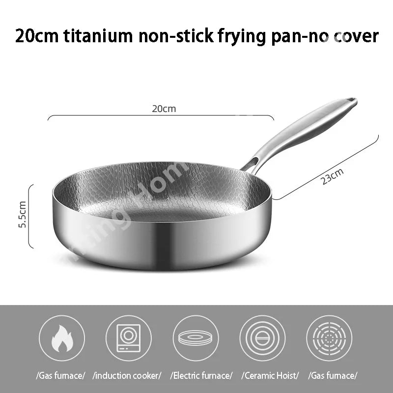 Titanium Stainless Steel Frying Pan Nonstick Wok Uncoated Pot Egg Steak Skillet Home Induction Cooker Gas Stove Kitchen Cookware