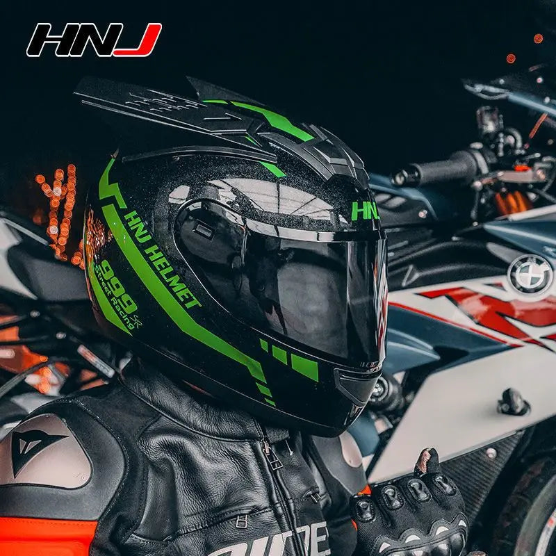 HNJ Men Motorcycle Helmet Women Full Face Helmet Riding Personality Horn Pink Helmet DOT Certification Motorcycle Helmet