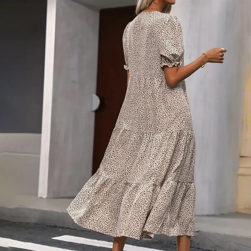 Vestido feminino plus size, estampa floral estilo boêmio fofo de manga curta em camadas vestido casual