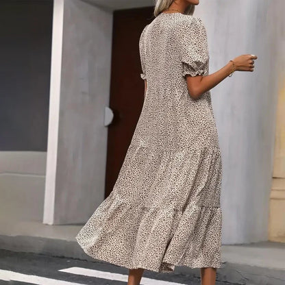 Vestido feminino plus size, estampa floral estilo boêmio fofo de manga curta em camadas vestido casual