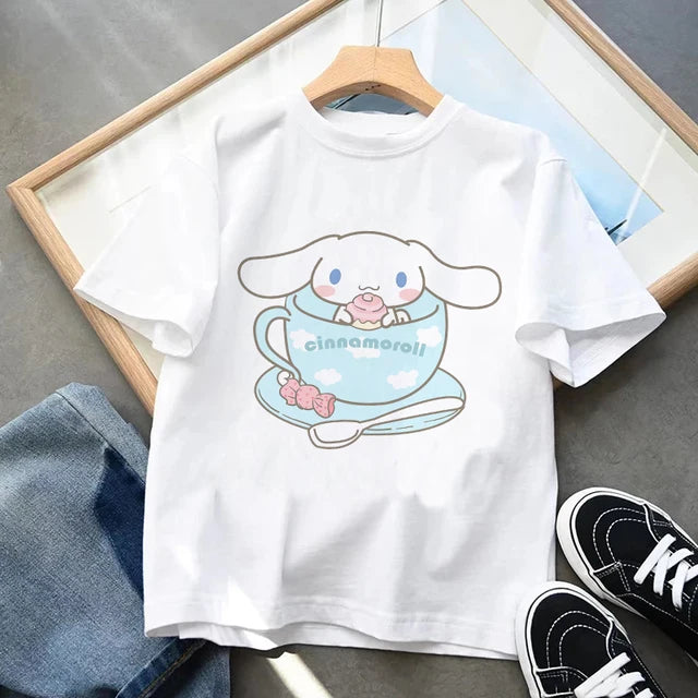 Camiseta casual infantil, camiseta kawaii, roupa de desenho Sanrio Anime, camiseta Y2k, blusa para menino e menina, roupa kawaii infantil