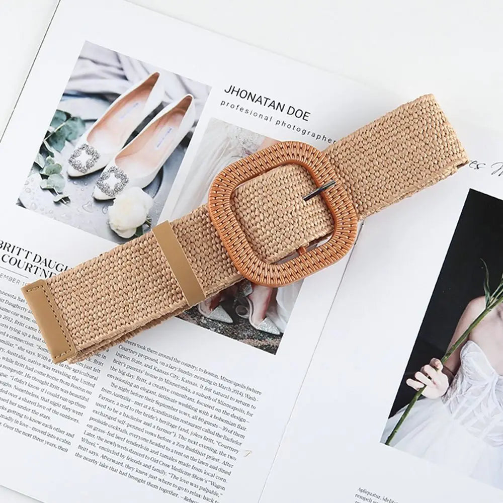 Fashion Women PP Straw Belt Bohemian Wide Elastic Waist Belt Braided Waistbelt Summer Casual Cloth Waistbelt Apparel Accessories