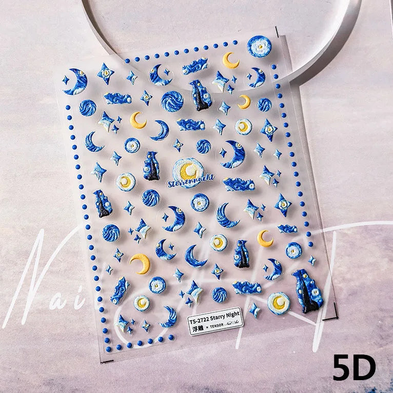 Blue Starry Night 5D Soft Embossed Relief Self Adhesive Nail Art Decoration Stickers Dressy White Stars 3D Manicure Decals Woman