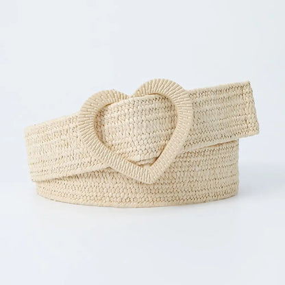 Straw Woven Waist Belt Summer Love Heart Buckle Candy Color Waistband Dress Decoration 4cm Wide Braided Belt