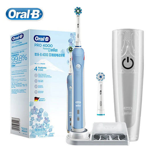 Oral B Pro4000 Electric Toothbrush 3D Action Clean 4 Modes Visible Pressure Sensor Whiter Teeth Rechargeable Adult's Toothbrush