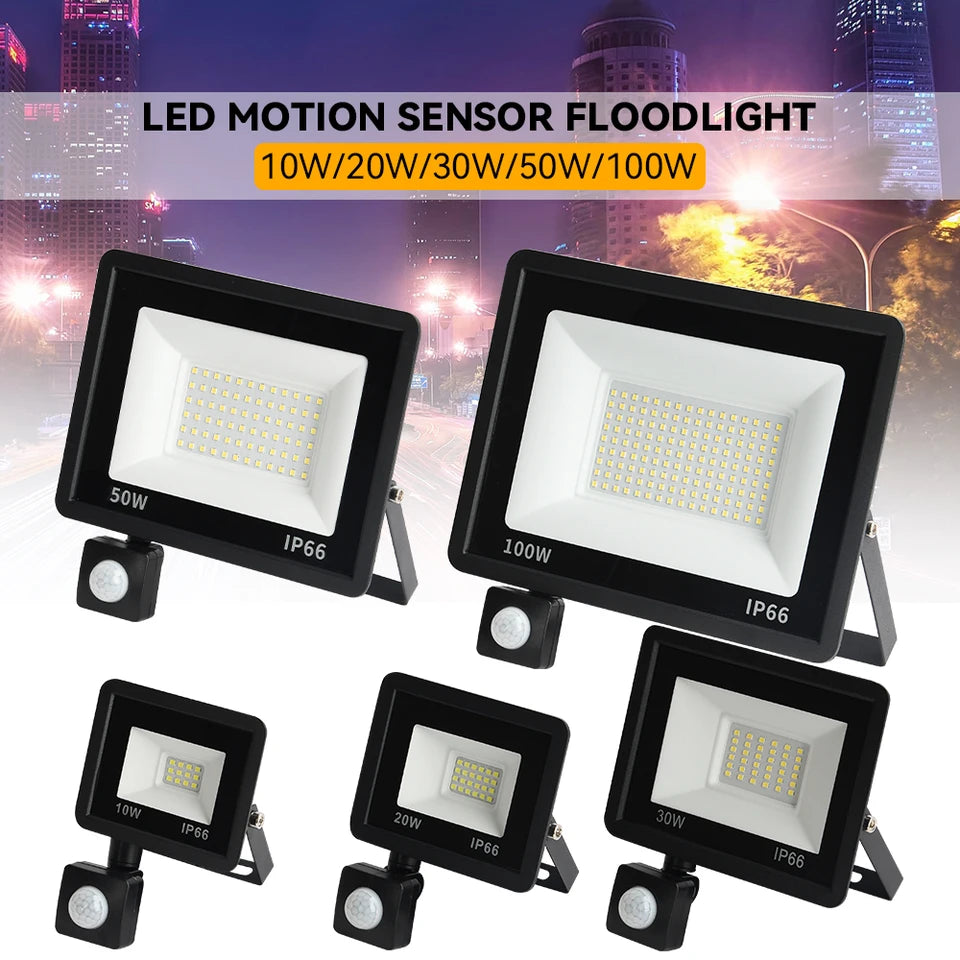 Holofote led com sensor de movimento pir, luz de parede externa, luz branca, 100w 50w 30w 20w 10w ip66, à prova d'água, holofote led para jardim