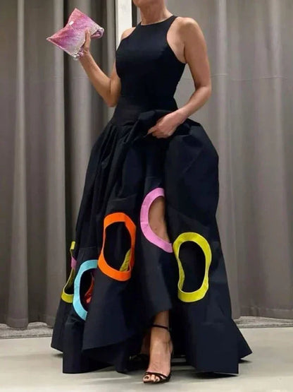 Women Circle Hollow Out Pleated A-Line Tank Dress Summer Casual High Street Elegant Fashion Round Neck Sleeveless Summer Dress