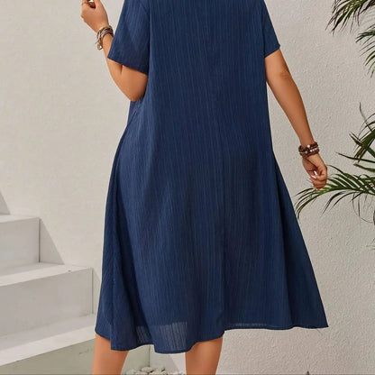 Plus Size Women's Summer Navy Blue Loose Dress - Figure-Flattering Irregular Midi Skirt for Curvy Ladies, Elegant Casual A-Line