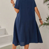 Plus Size Women's Summer Navy Blue Loose Dress - Figure-Flattering Irregular Midi Skirt for Curvy Ladies, Elegant Casual A-Line