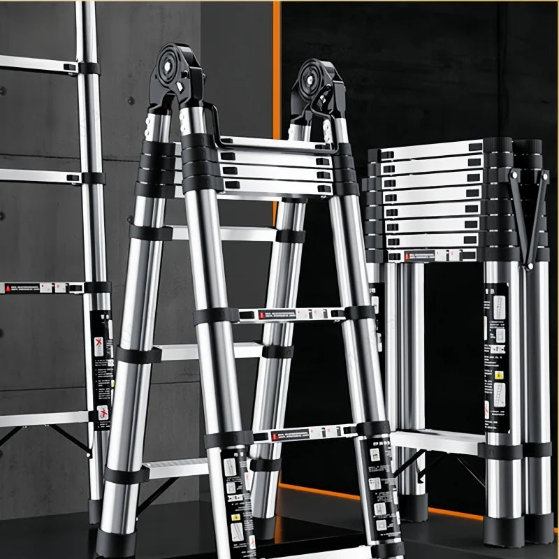 Escalera telescópica de acero inoxidable, resistente, ajustable, plegable, multifunción, para uso doméstico, interior y exterior.