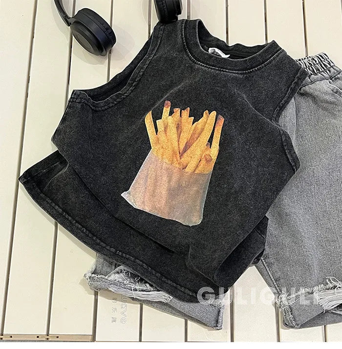 T-shirt Summer Wear Children Clothing Retro Black Cotton Handsome Boys Sleeveless Easy Vest Tide Tops 2024 Fashion Cool