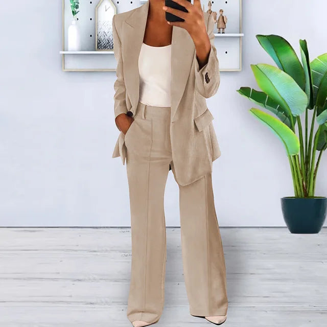 Elegant Lapel Long Sleeve Cardigan Top+Wide Leg Pants 2 Piece Set for Women Fashion Autumn Winter Button Pocket Female Suit 