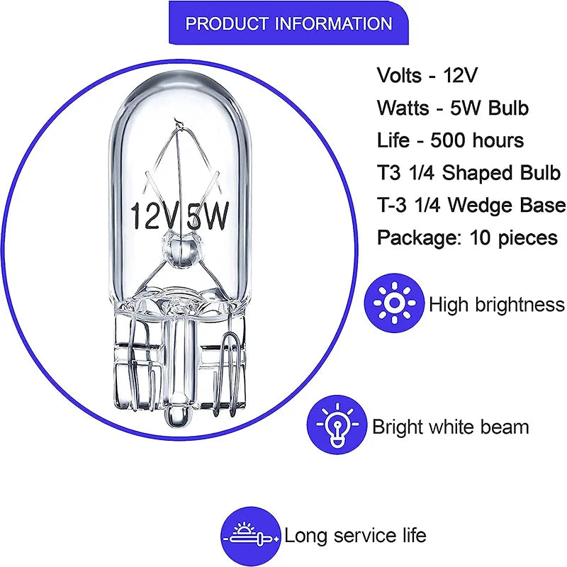 10 Pcs Warm White Auto Halogen Lamp T10 W5W 194 158 12V 5W  Marker Wedge License PlateLight Bulb Instrument Light