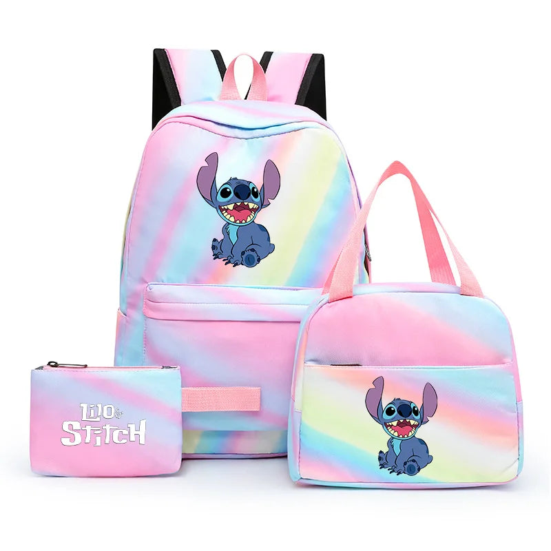 3pcs Disney Lilo Stitch Colorful Backpack with Lunch Bag for Women Student Teenagers Rucksack Casual School Bags Sets