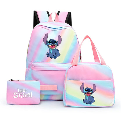 3pcs Disney Lilo Stitch Colorful Backpack with Lunch Bag for Women Student Teenagers Rucksack Casual School Bags Sets