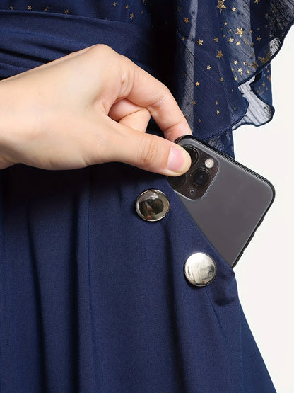 Moda feminina plus size explosões estrela impressão botão bolso pregas manga borboleta elegante temperamento vestido