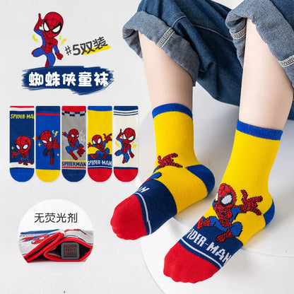 5 Pairs Marvel Kids Socks Spider-Man Kawaii New Fall Winter Cartoon Boy Children Mid-calf Socks Cotton Sock for Boys Gifts