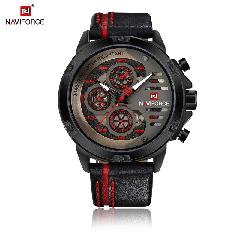 NAVIFORCE Men Watch Sport Man Wristwatch Top Brand Luxury Gold Military Date Week Genuine Leather Quartz Male Clock Gift 9110