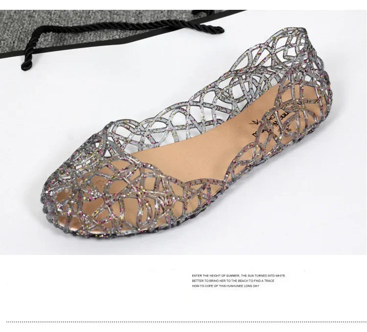 Women's Flat Bottom Plastic Jelly Sandals Hollow out Slip-On Beach Shoes Comfortable Lightweight Summer Footwear