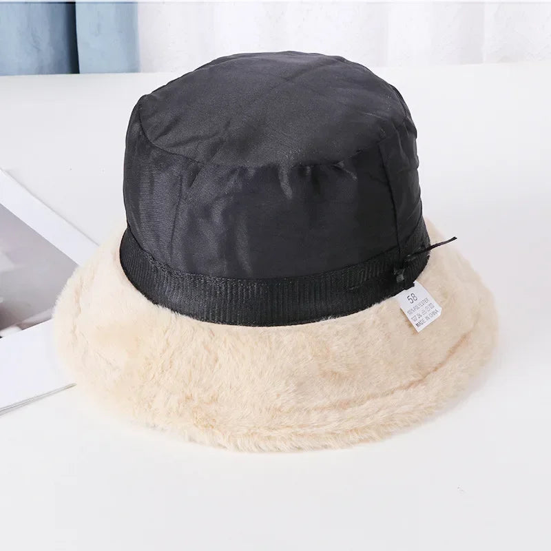 Winter Rabbit Plush Fisherman Hats for Women Girl Bucket Hat Windproof Leopard Soft Faux Fur Wide Brim Lady Women Artist Cap