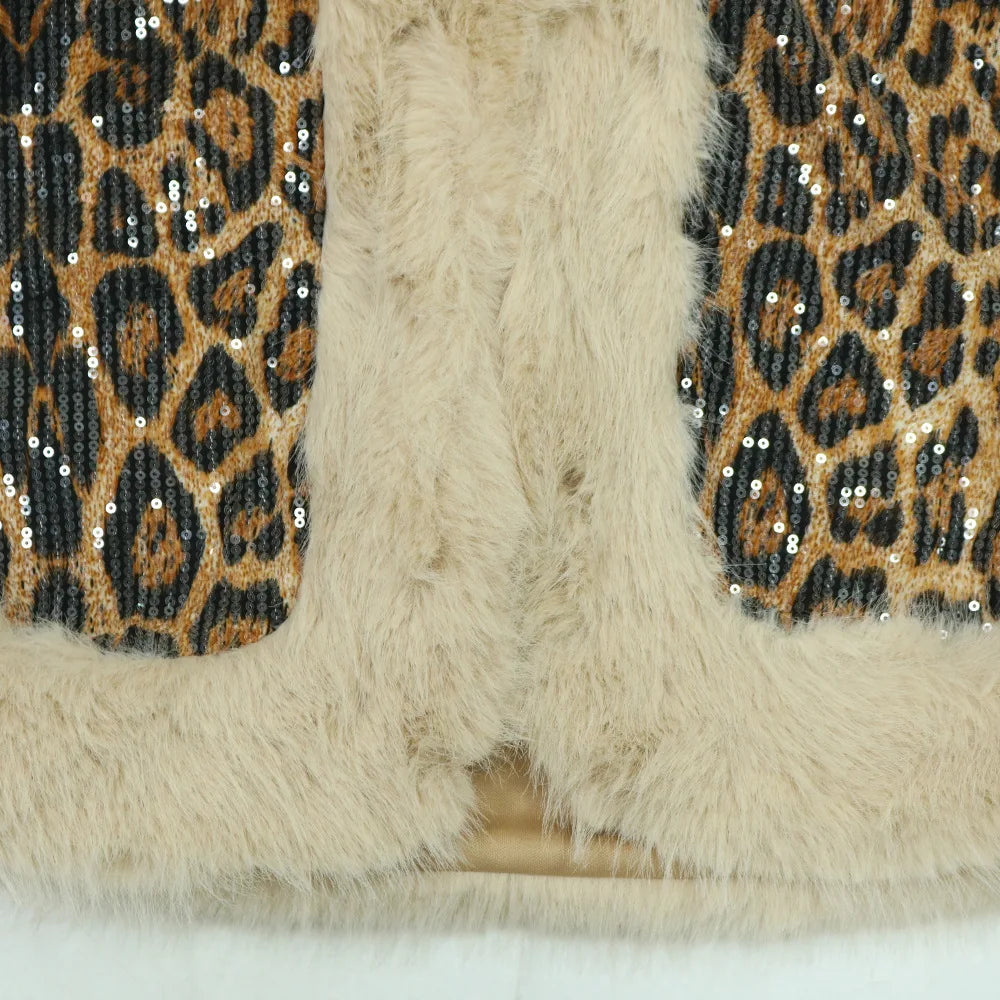 CM.YAYA Conjunto de mujer sin mangas de piel de leopardo con lentejuelas, cuello en V, chaleco de lana y pantalón, conjunto de 2 piezas Street Two 2024, chándal