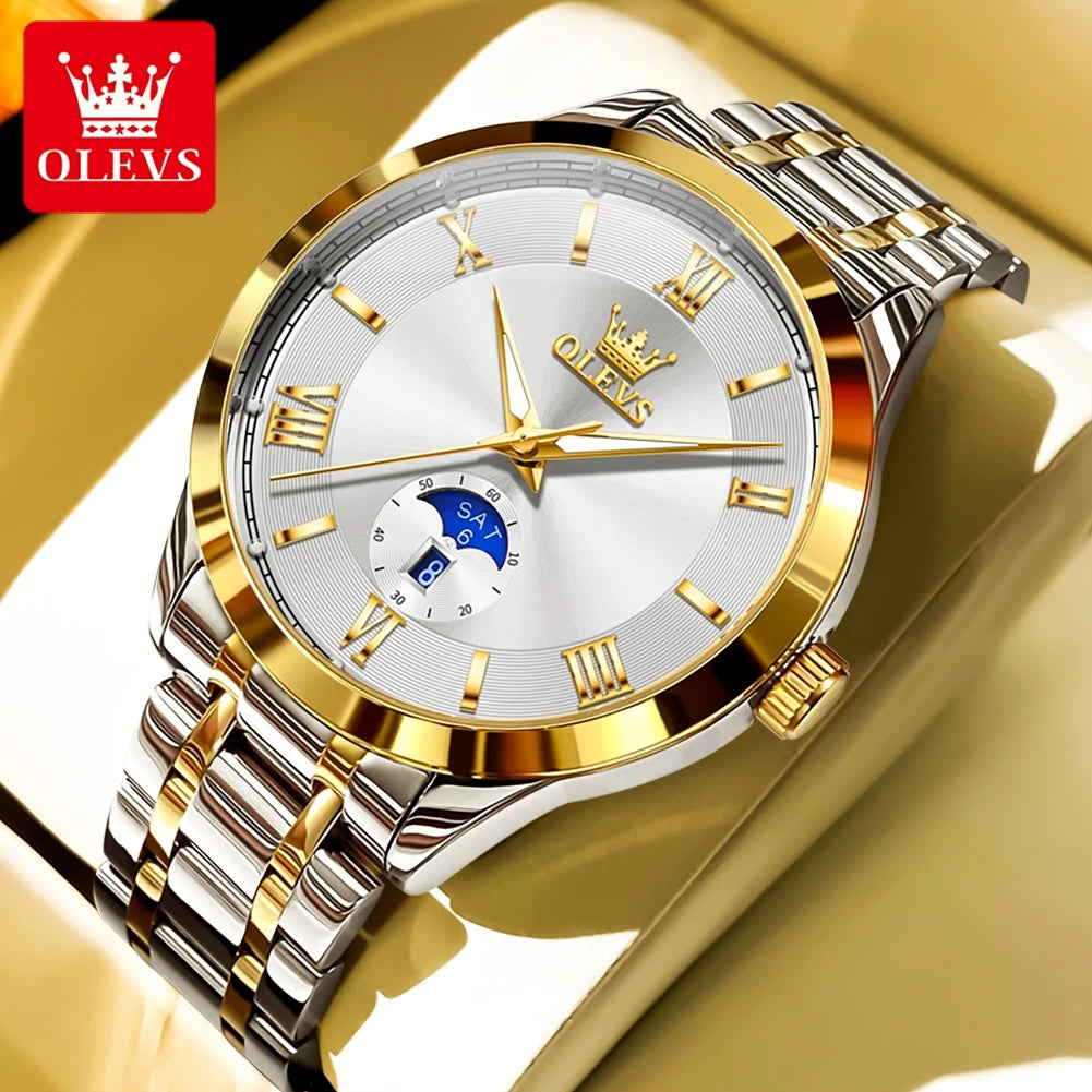 OLEVS 3638 Mens Watch Original Quartz Watch Stainless Steel Waterproof Luminous Large Dial Day Date Watches Luxury Men Box Reloj