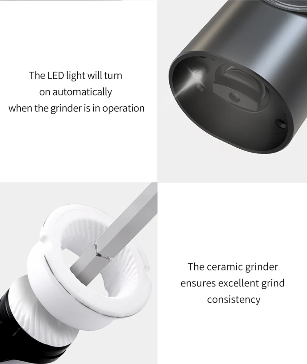 Molinillo de pimienta eléctrico recargable, molinillos de sal y pimienta con luz LED, molinillos de grosor ajustable, carga USB, molinillo de especias