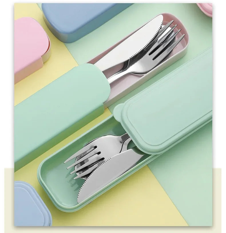 Juego de cubiertos portátil de acero inoxidable con caja de almacenamiento, palillos, tenedor, cuchara, cuchillo, vajilla de viaje, cubiertos para acampar